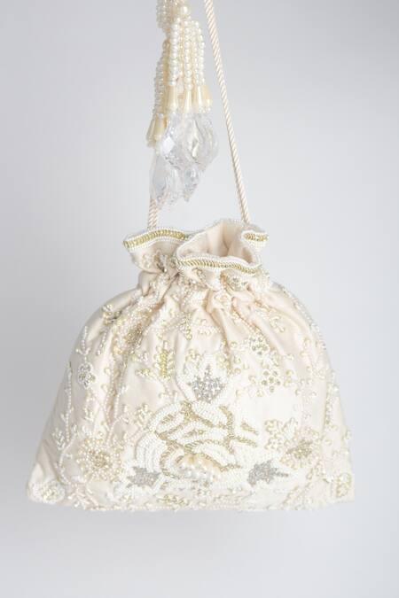 Adora By Ankita White Beads, Sequins, Pearls Poly Silk Embellished Potli Bag Online at Aza Fashions Adora By Ankita_White Beads, Sequins, Pearls Poly Silk Embellished Potli Bag _Online_at_Aza_Fashions