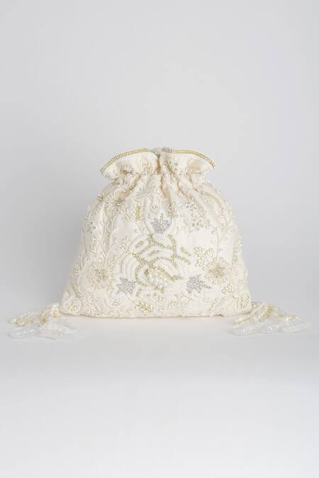 Shop Adora By Ankita White Beads, Sequins, Pearls Poly Silk Embellished Potli Bag Online at Aza Fashions Shop_Adora By Ankita_White Beads, Sequins, Pearls Poly Silk Embellished Potli Bag _Online_at_Aza_Fashions