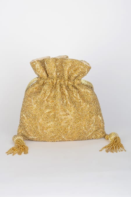 Shop Adora By Ankita Gold Beads, Cut Work Poly Silk Embellished Potli Bag at Aza Fashions Shop_Adora By Ankita_Gold Beads, Cut Work Poly Silk Embellished Potli Bag _at_Aza_Fashions