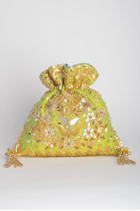 Shop Adora By Ankita Green Gota Patti, Sequins Poly Silk Embellished Potli Bag Online at Aza Fashions Shop_Adora By Ankita_Green Gota Patti, Sequins Poly Silk Embellished Potli Bag _Online_at_Aza_Fashions