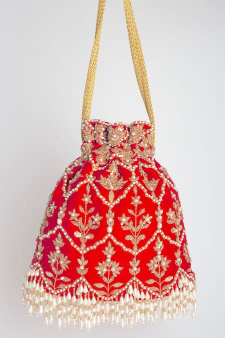 Shop_Adora By Ankita_Red Zari, Beads Poly Silk Embellished Potli Bag _at_Aza_Fashions
