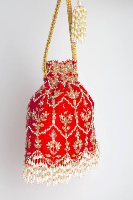 Adora By Ankita_Red Zari, Beads Poly Silk Embellished Potli Bag _Online_at_Aza_Fashions