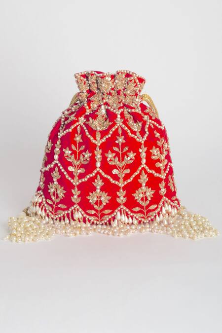 Buy_Adora By Ankita_Red Zari, Beads Poly Silk Embellished Potli Bag _Online_at_Aza_Fashions