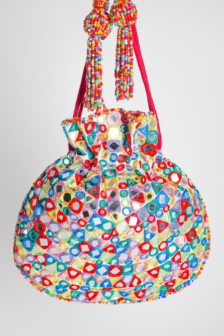 Shop Adora By Ankita Multi Color Embroidery Poly Silk Embellished Potli Bag at Aza Fashions Shop_Adora By Ankita_Multi Color Embroidery Poly Silk Embellished Potli Bag _at_Aza_Fashions