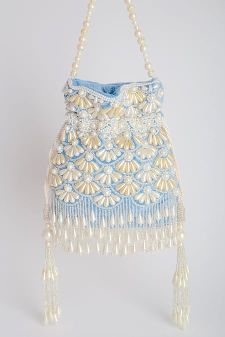 Shop_Adora By Ankita_Blue Beads, Cut Work, Pearls Velvet Embellished Polti Bag _at_Aza_Fashions