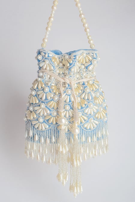 Adora By Ankita_Blue Beads, Cut Work, Pearls Velvet Embellished Polti Bag _Online_at_Aza_Fashions
