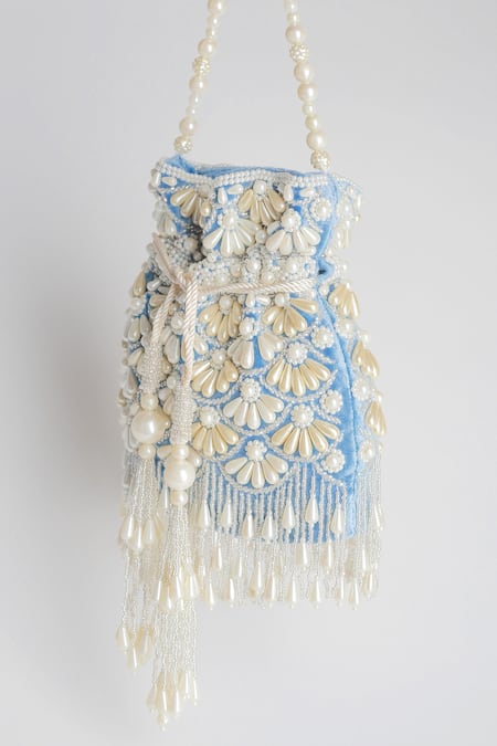 Buy_Adora By Ankita_Blue Beads, Cut Work, Pearls Velvet Embellished Polti Bag _Online_at_Aza_Fashions