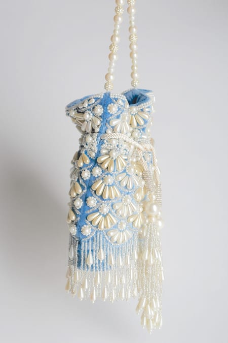 Shop_Adora By Ankita_Blue Beads, Cut Work, Pearls Velvet Embellished Polti Bag _Online_at_Aza_Fashions