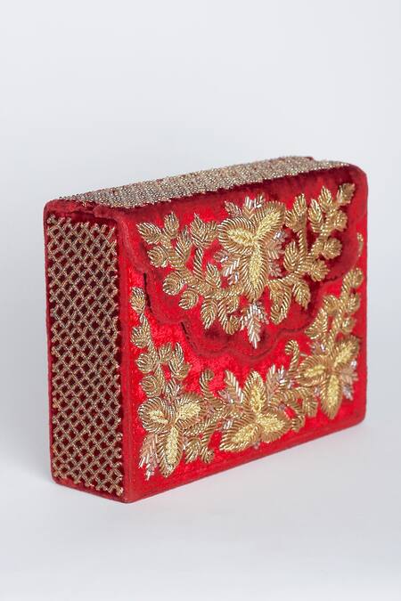 Adora By Ankita_Maroon Zari, Beads Velvet Box Clutch With Sling _Online_at_Aza_Fashions