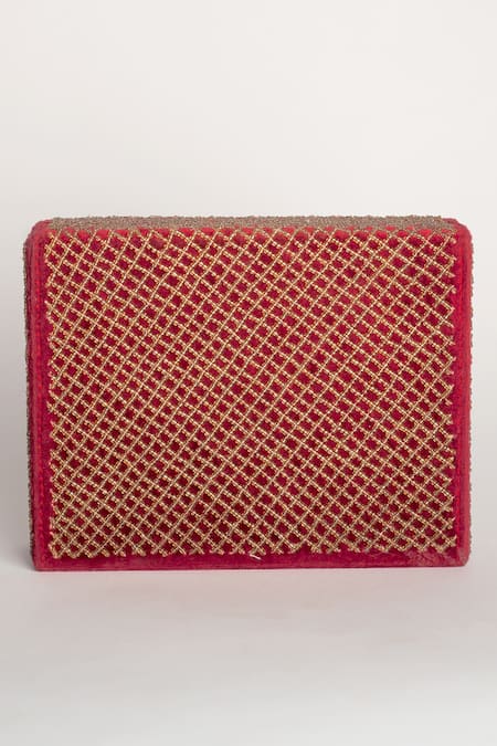 Shop_Adora By Ankita_Maroon Zari, Beads Velvet Box Clutch With Sling _Online_at_Aza_Fashions