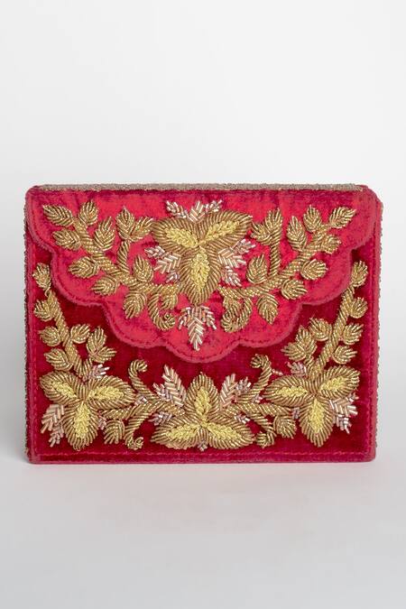Adora By Ankita_Maroon Zari, Beads Velvet Box Clutch With Sling _at_Aza_Fashions