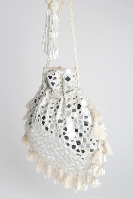 Adora By Ankita_White Embroidery, Beads Poly Silk Embellished Potli Bag _Online_at_Aza_Fashions
