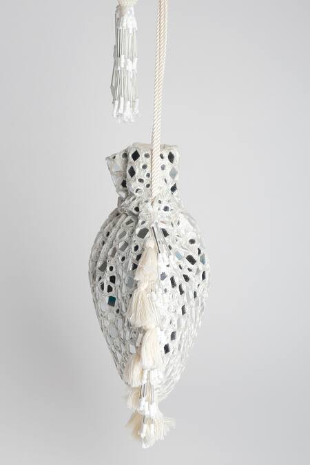 Buy_Adora By Ankita_White Embroidery, Beads Poly Silk Embellished Potli Bag _Online_at_Aza_Fashions