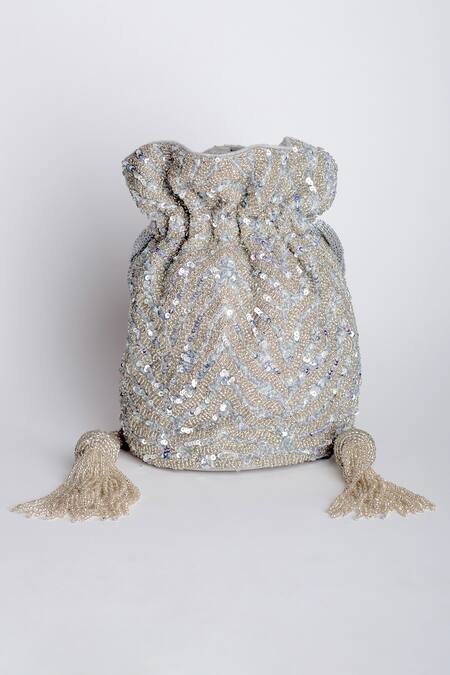 Shop_Adora By Ankita_Silver Sequins, Beads Poly Silk Embellished Potli Bag _at_Aza_Fashions