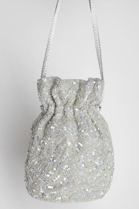 Adora By Ankita_Silver Sequins, Beads Poly Silk Embellished Potli Bag _Online_at_Aza_Fashions