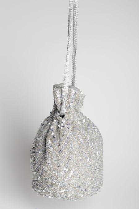 Buy_Adora By Ankita_Silver Sequins, Beads Poly Silk Embellished Potli Bag _Online_at_Aza_Fashions