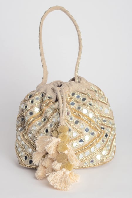 Shop Adora By Ankita Gold Mirrors, Cut Work Poly Silk Embellished Potli Bag at Aza Fashions Shop_Adora By Ankita_Gold Mirrors, Cut Work Poly Silk Embellished Potli Bag _at_Aza_Fashions