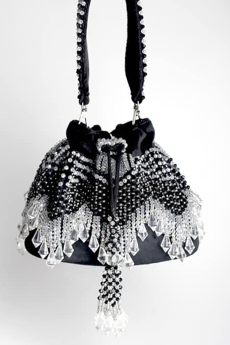 Shop Adora By Ankita Black Crystals, Beads Velvet Embellished Potli Bag at Aza Fashions Shop_Adora By Ankita_Black Crystals, Beads Velvet Embellished Potli Bag _at_Aza_Fashions