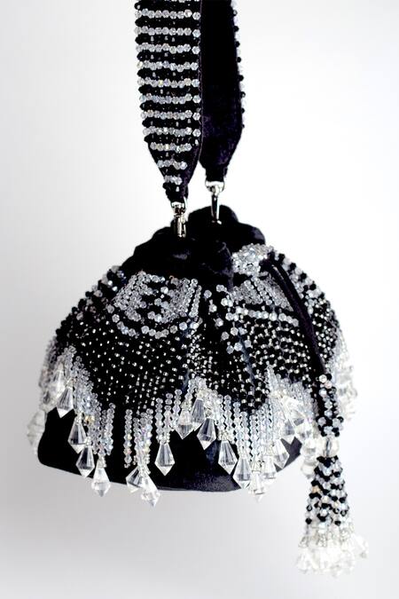 Adora By Ankita Black Crystals, Beads Velvet Embellished Potli Bag Online at Aza Fashions Adora By Ankita_Black Crystals, Beads Velvet Embellished Potli Bag _Online_at_Aza_Fashions