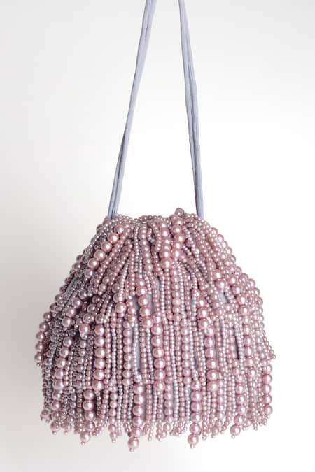 Shop Adora By Ankita Grey Pearls Poly Silk Embellished Potli Bag at Aza Fashions Shop_Adora By Ankita_Grey Pearls Poly Silk Embellished Potli Bag _at_Aza_Fashions