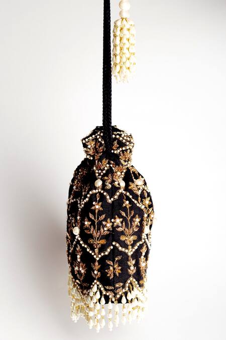 Adora By Ankita Black Pearls, Zari, Sequins Poly Silk Embellished Potli Bag Online at Aza Fashions Adora By Ankita_Black Pearls, Zari, Sequins Poly Silk Embellished Potli Bag _Online_at_Aza_Fashions