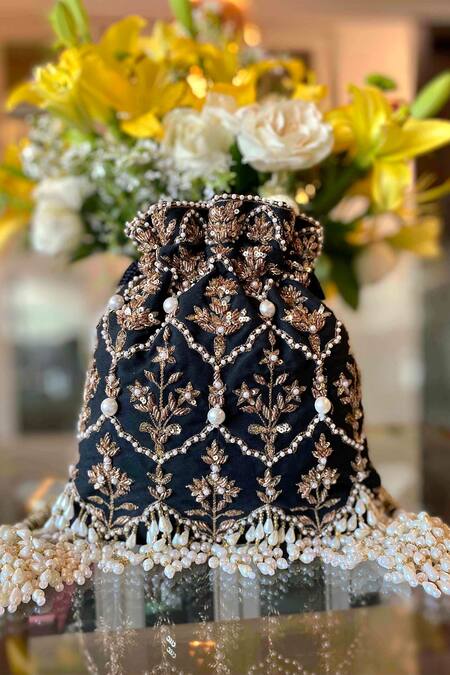 Buy Adora By Ankita Black Pearls, Zari, Sequins Poly Silk Embellished Potli Bag Online at Aza Fashions Buy_Adora By Ankita_Black Pearls, Zari, Sequins Poly Silk Embellished Potli Bag _Online_at_Aza_Fashions