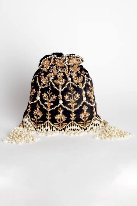 Shop Adora By Ankita Black Pearls, Zari, Sequins Poly Silk Embellished Potli Bag Online at Aza Fashions Shop_Adora By Ankita_Black Pearls, Zari, Sequins Poly Silk Embellished Potli Bag _Online_at_Aza_Fashions