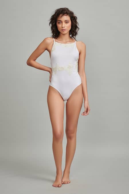 Dash and Dot_White Outer 78% Recycled Polyester Embroidered Floral Round Swimsuit  _Online_at_Aza_Fashions