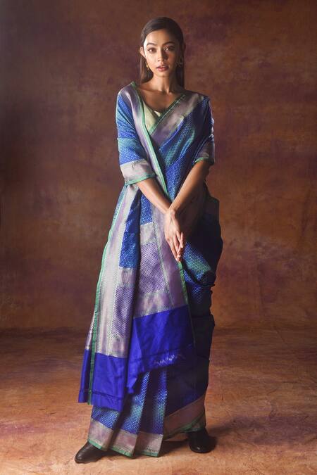 Buy Pinki Sinha Blue Handwoven Banarasi Silk Saree Online | Aza Fashions