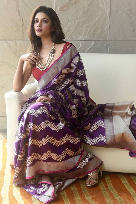 Pinki Sinha Purple Handwoven Banarasi Silk Geometric Motifs Saree