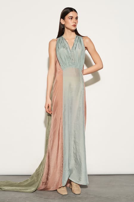 TheRealB Multi Color Polyester V Neck Pleated Gown  3