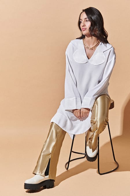 Buy_Therealb_Gold Polyester Flared Pants_Online_at_Aza_Fashions