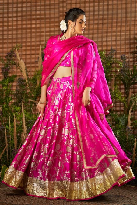 Buy Pink Banarasi Brocade Woven Floral Motifs Lehenga Set For Women by  Sobariko Online at Aza Fashions.