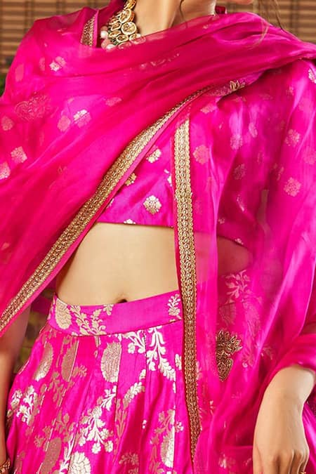 Shop_SOBARIKO_Pink Organza, Banarasi Brocade Floral Motifs Lehenga Set_Online_at_Aza_Fashions