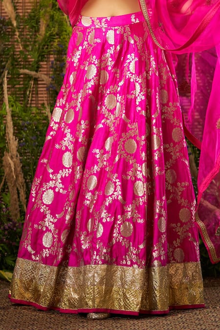 SOBARIKO_Pink Organza, Banarasi Brocade Floral Motifs Lehenga Set_at_Aza_Fashions