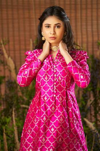 SOBARIKO_Pink Banarasi Kurta And Palazzo Set_Online_at_Aza_Fashions