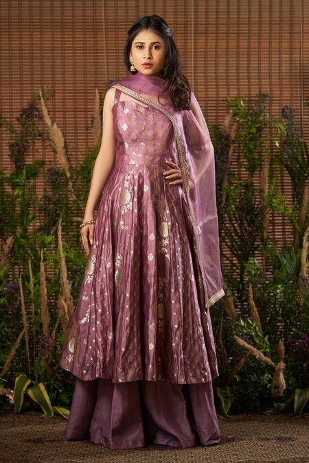 SOBARIKO Purple Banarasi Brocade Anarkali Palazzo Set