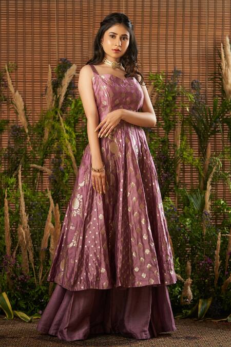 Shop SOBARIKO Purple Banarasi Brocade Anarkali Palazzo Set at Aza Fashions Shop_SOBARIKO_Purple Banarasi Brocade Anarkali Palazzo Set_at_Aza_Fashions