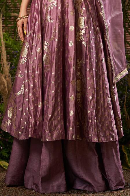 Buy SOBARIKO Purple Banarasi Brocade Anarkali Palazzo Set Online at Aza Fashions Buy_SOBARIKO_Purple Banarasi Brocade Anarkali Palazzo Set_Online_at_Aza_Fashions