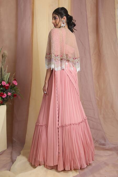 Miku Kumar_Peach Net, Georgette Zardozi V Neck Draped Lehenga Set With Cape _Online_at_Aza_Fashions