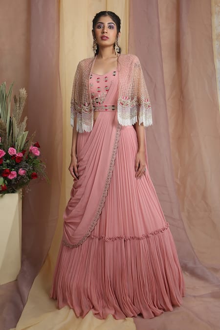 Buy_Miku Kumar_Peach Net, Georgette Zardozi V Neck Draped Lehenga Set With Cape _Online_at_Aza_Fashions