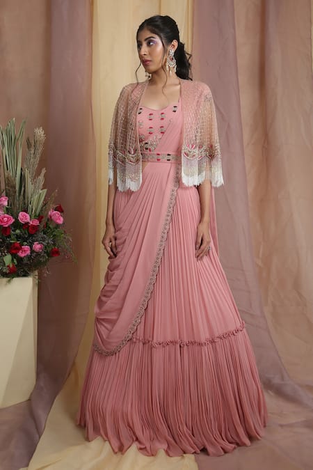 Shop_Miku Kumar_Peach Net, Georgette Zardozi V Neck Draped Lehenga Set With Cape _Online_at_Aza_Fashions