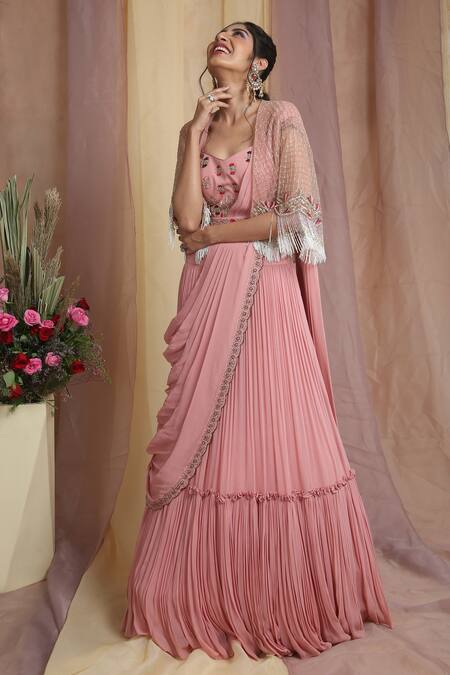 Miku Kumar_Peach Net, Georgette Zardozi V Neck Draped Lehenga Set With Cape _at_Aza_Fashions