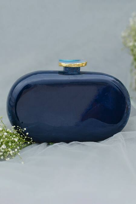 Shop Label Sneha Blue Agate Stone Knob Clutch at Aza Fashions Shop_Label Sneha_Blue Agate Stone Knob Clutch_at_Aza_Fashions