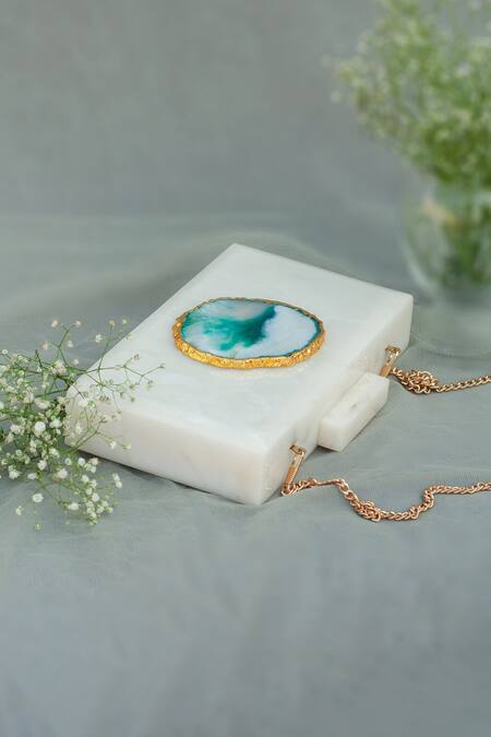 Shop Label Sneha White Agate Stone Marble Baroque Rectangular Clutch Online at Aza Fashions Shop_Label Sneha_White Agate Stone Marble Baroque Rectangular Clutch_Online_at_Aza_Fashions