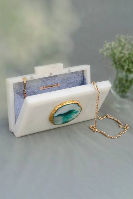 Label Sneha White Agate Stone Marble Baroque Rectangular Clutch Online at Aza Fashions Label Sneha_White Agate Stone Marble Baroque Rectangular Clutch_Online_at_Aza_Fashions