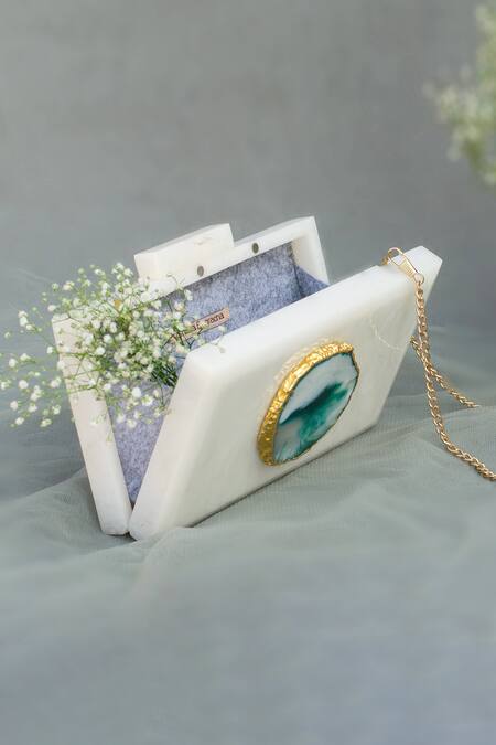 Buy Label Sneha White Agate Stone Marble Baroque Rectangular Clutch Online at Aza Fashions Buy_Label Sneha_White Agate Stone Marble Baroque Rectangular Clutch_Online_at_Aza_Fashions