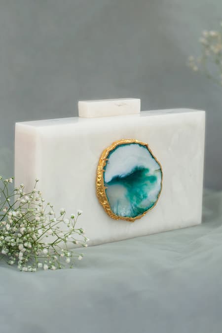 Label Sneha White Agate Stone Marble Baroque Rectangular Clutch 