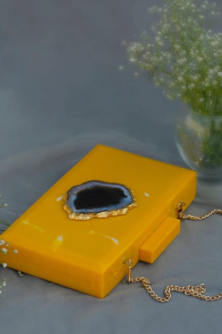 Shop_Label Sneha_Yellow Agate Stone Embellished Clutch _Online_at_Aza_Fashions