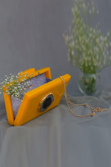 Label Sneha_Yellow Agate Stone Embellished Clutch _Online_at_Aza_Fashions